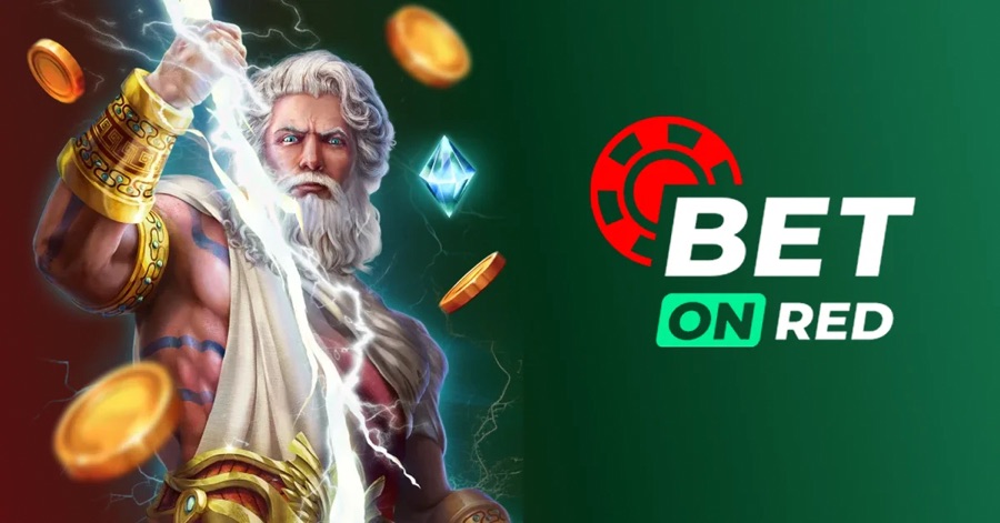 Promotional artwork for an online casino brand: a mythological figure with lightning, gold coins and the brand logotype