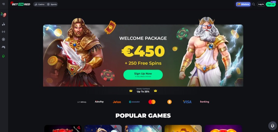 A casino lobby screen showing a welcome package banner, a row of payment method logos and a grid of game thumbnails